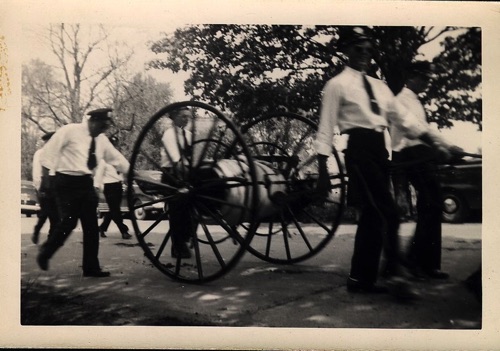 Firemen pulling hose cart at 100th Hambletonian Anniversary Parade, May 5, 1949. chs-003502